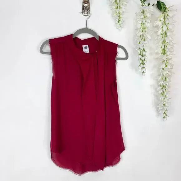 REVOLVE NSF silk sleeveless top neck tie frayed hem button front berry 3076 - Picture 4 of 11